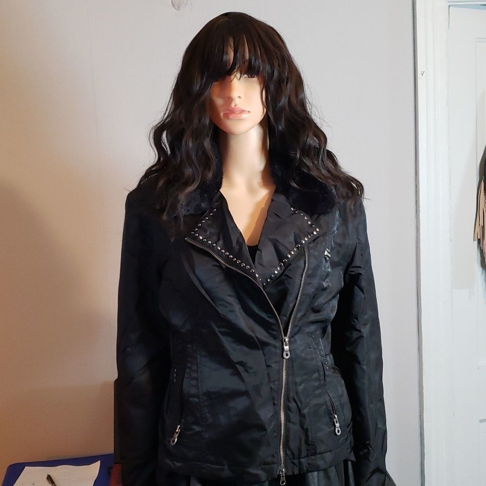 Harley-Davidson Black Winter Coat Nylon Faux Fur Motorcycle Jacket Red Lining‎ M - Picture 3 of 12